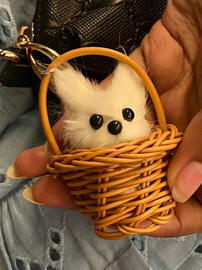 tiny puppy in a basket keychain